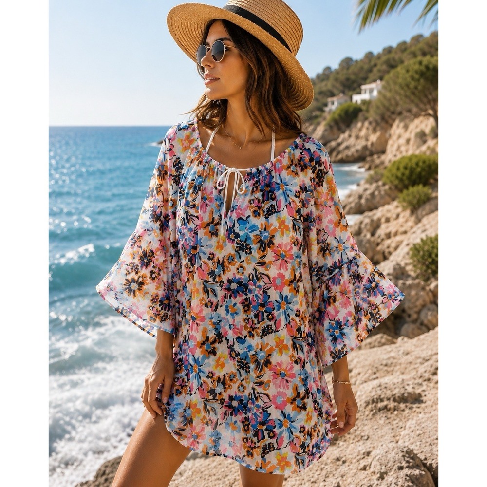 Anne Cole Floral Swim Cover Up M L Boho Beach Resort Coastal Flutter Sleeve EE21